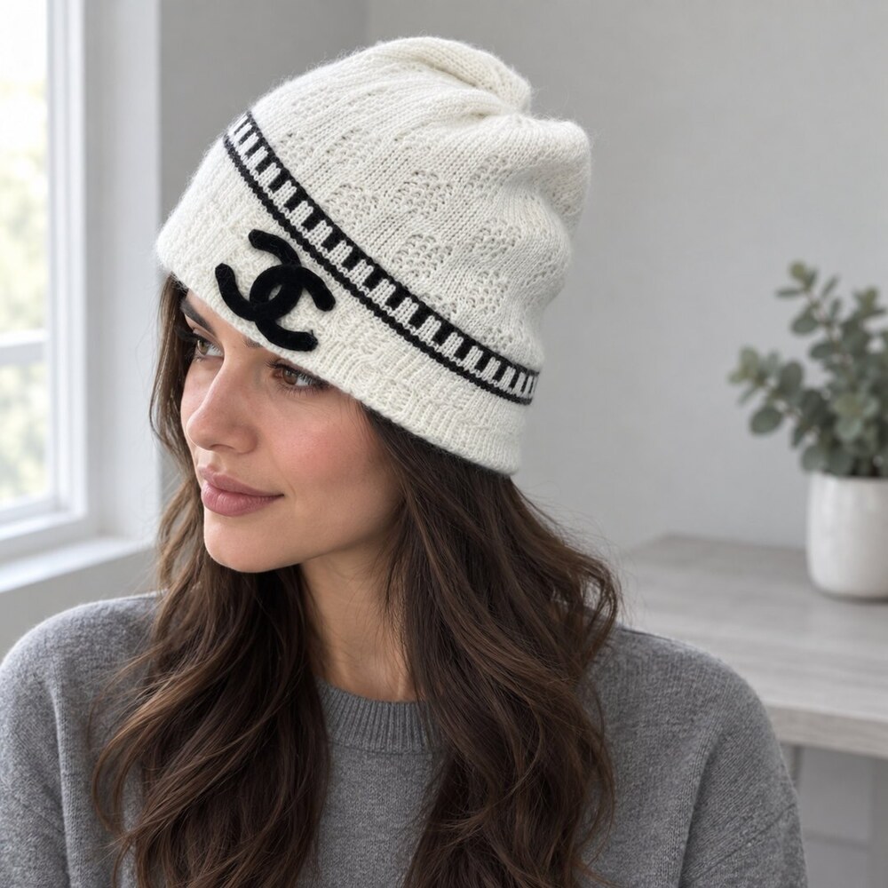 CHANEL White Knit Beanie Black Trim - Picture 3 of 6